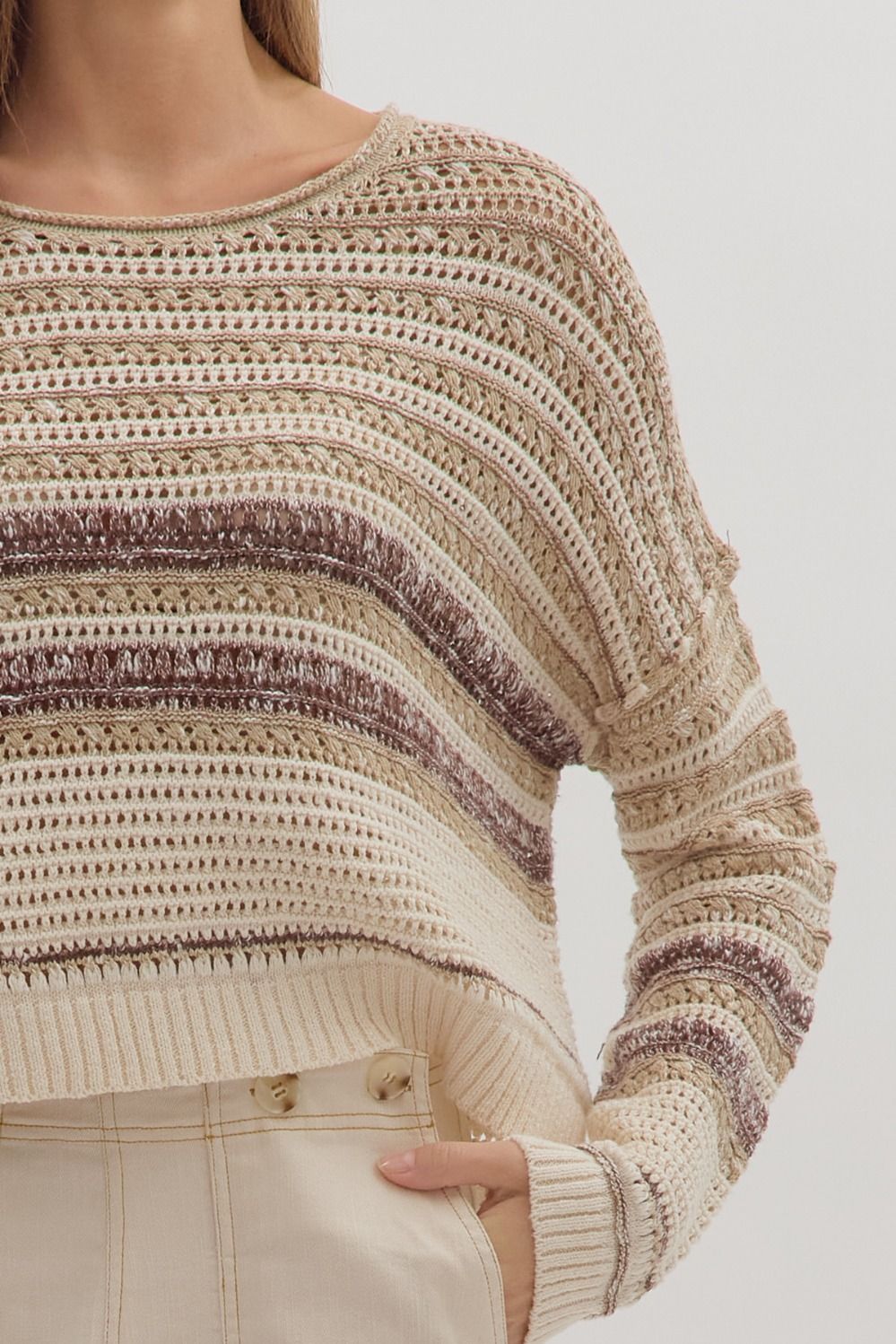  Saundra Striped Sweater, Taupe