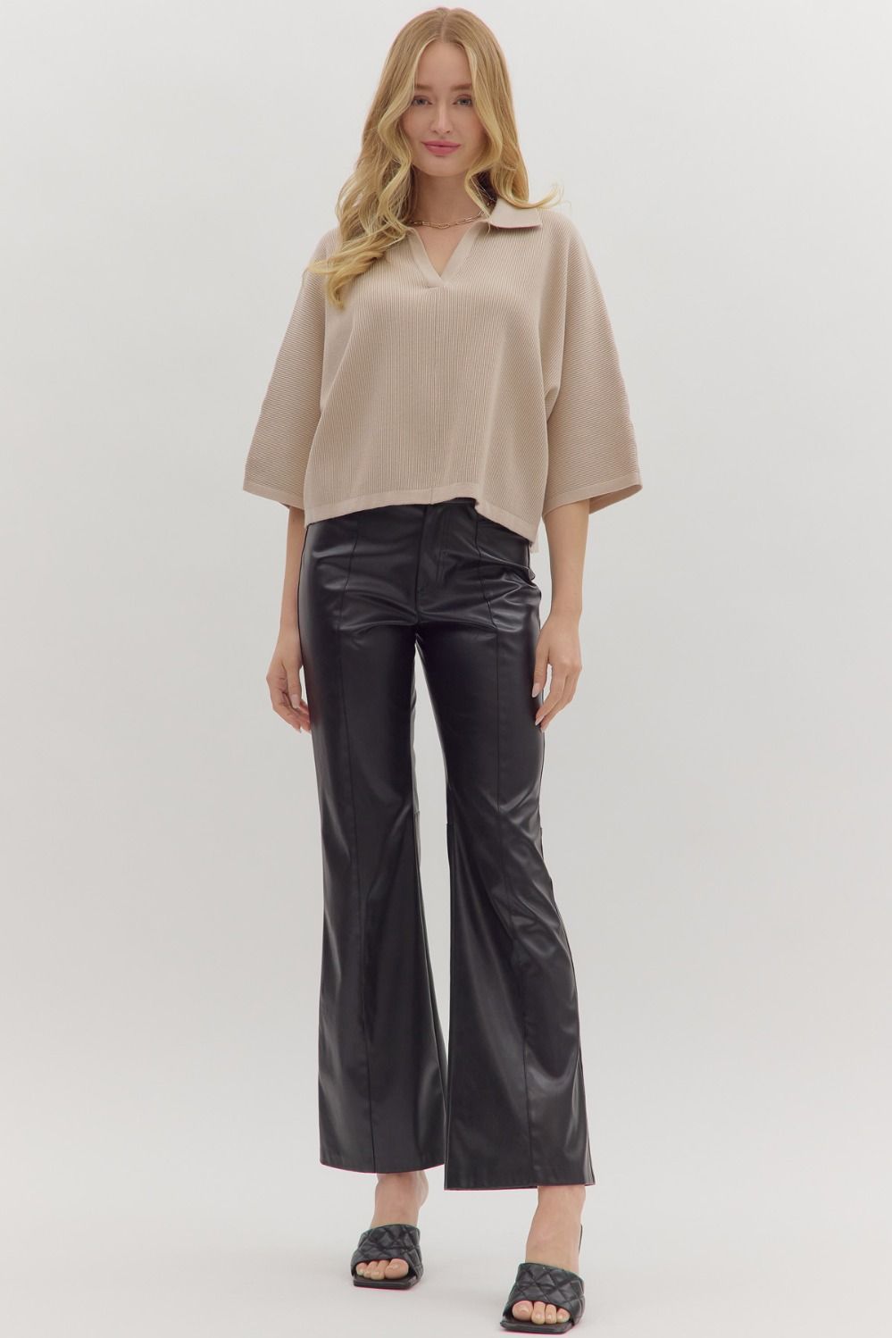  Jessica Collared Solid Knit Top, Stone