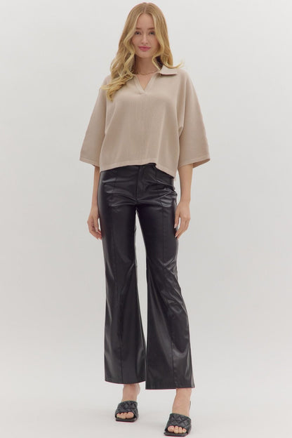  Jessica Collared Solid Knit Top, Stone