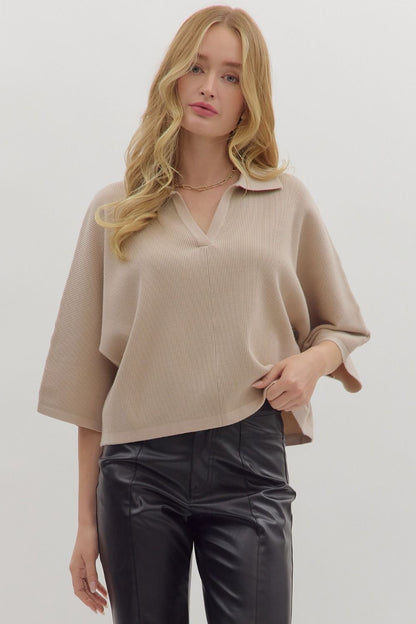  Jessica Collared Solid Knit Top, Stone