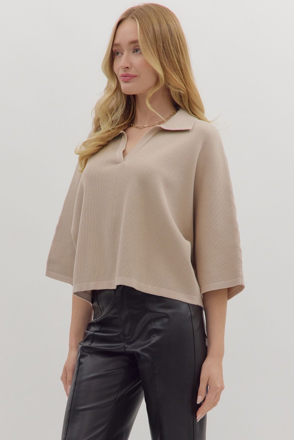  Jessica Collared Solid Knit Top, Stone