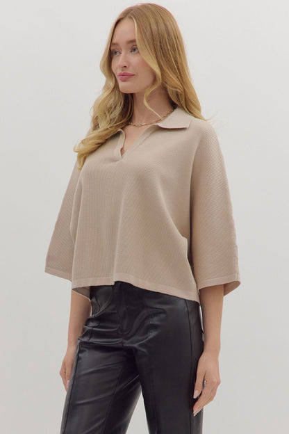  Jessica Collared Solid Knit Top, Stone