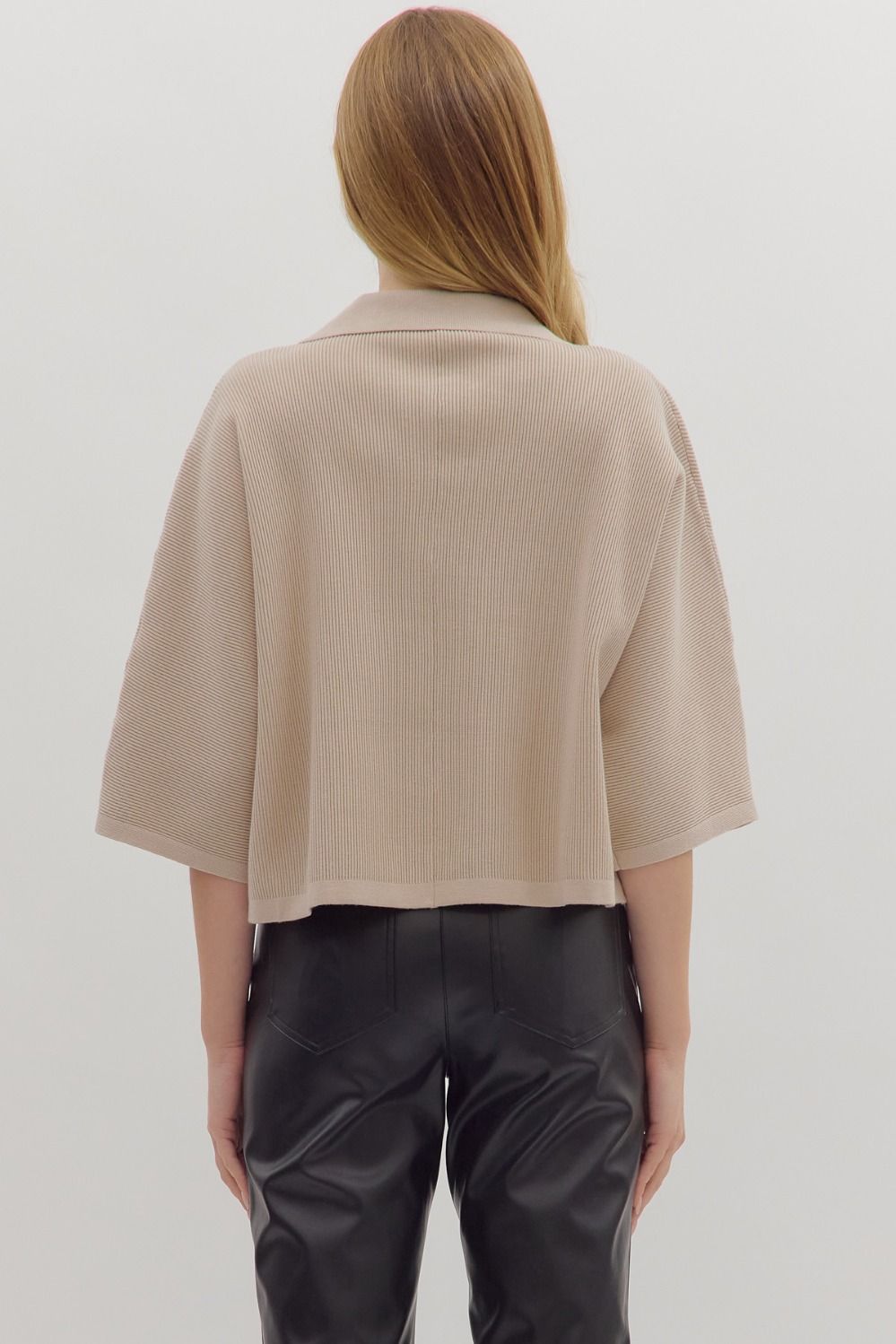  Jessica Collared Solid Knit Top, Stone