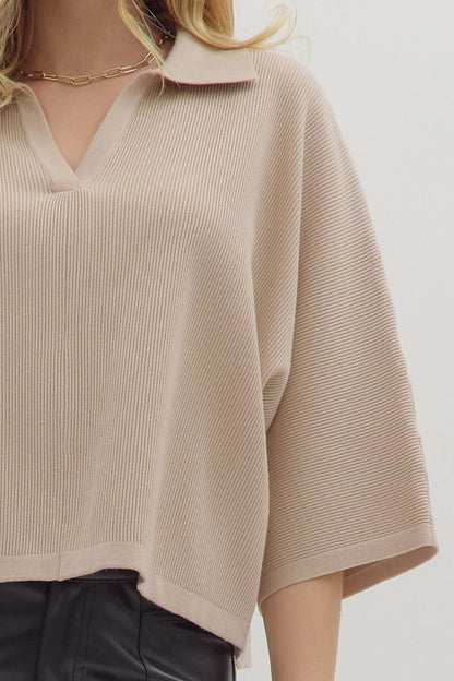  Jessica Collared Solid Knit Top, Stone