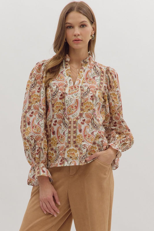  Celina Ruffle Neck Top, Ecru