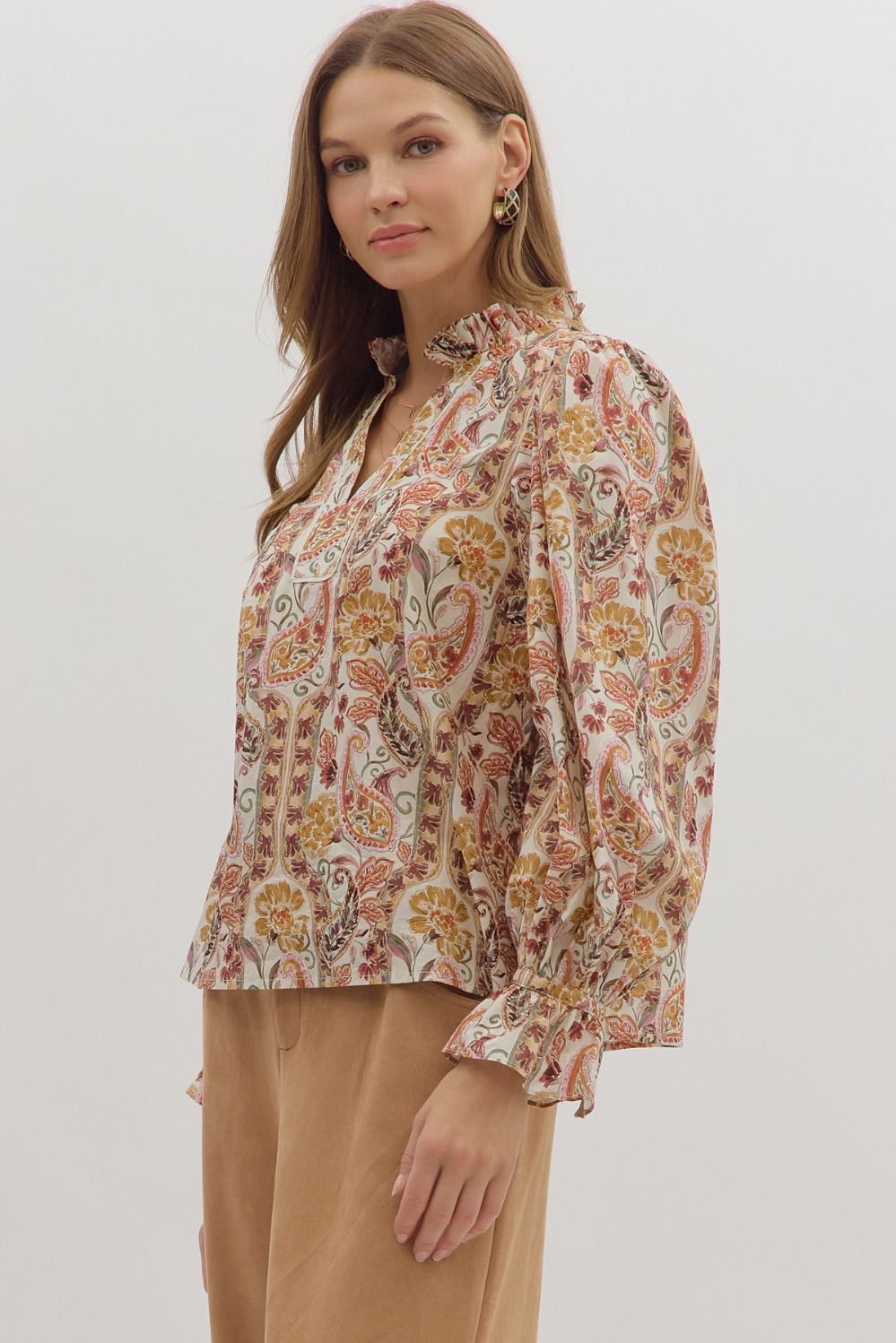  Celina Ruffle Neck Top, Ecru