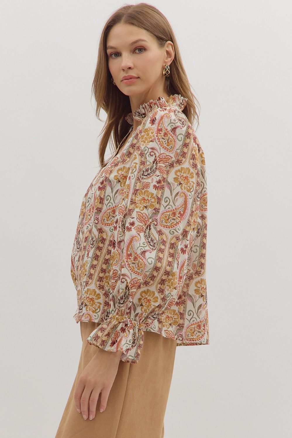  Celina Ruffle Neck Top, Ecru