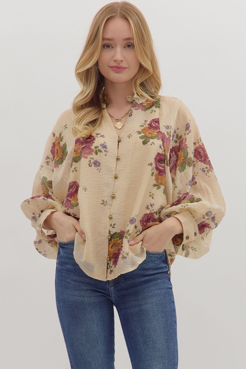  Indy Floral Button Down Top, Ecru