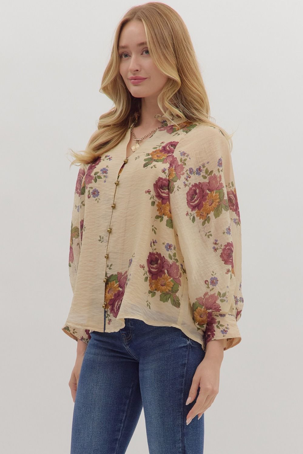  Indy Floral Button Down Top, Ecru