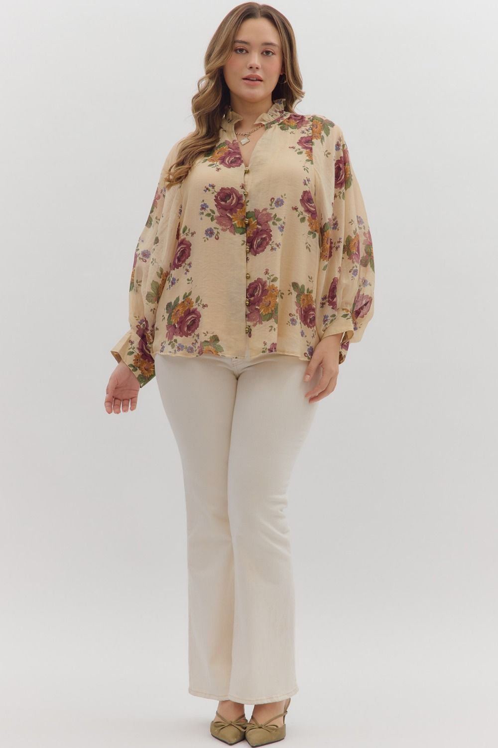  Indy Floral Button Down Top, Ecru | Extended Sizes