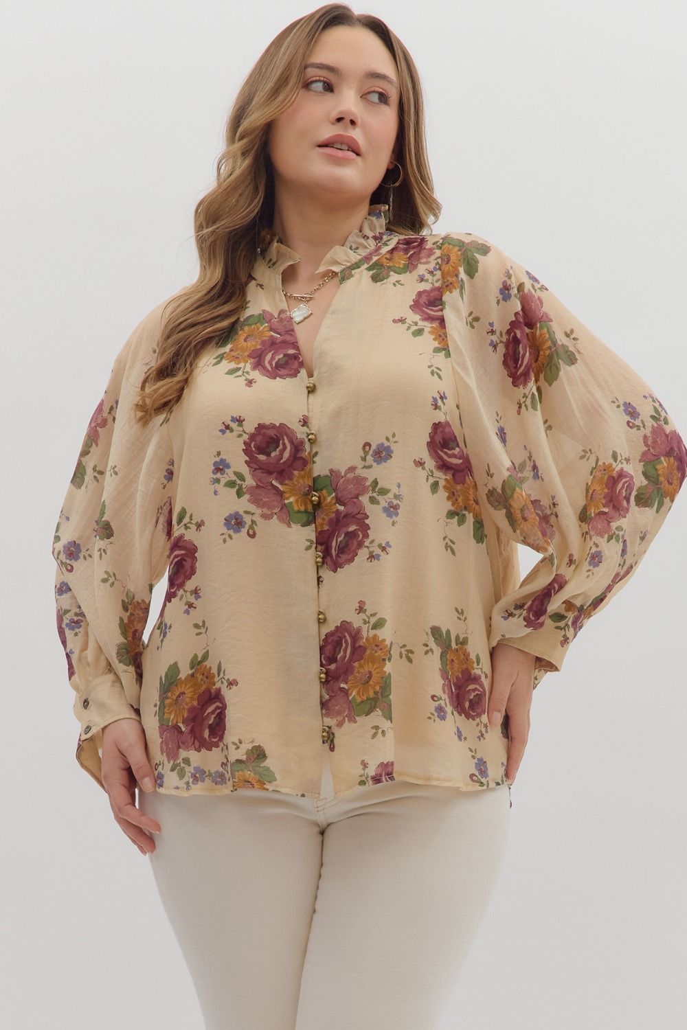 Indy Floral Button Down Top, Ecru | Extended Sizes