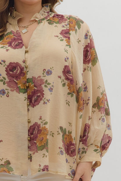  Indy Floral Button Down Top, Ecru | Extended Sizes