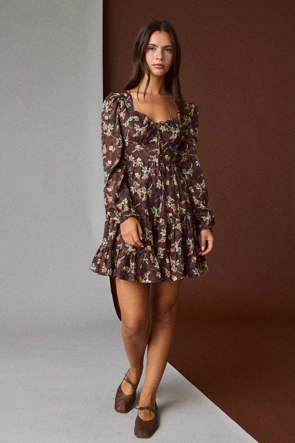  Tiff Floral Mini Dress, Brown