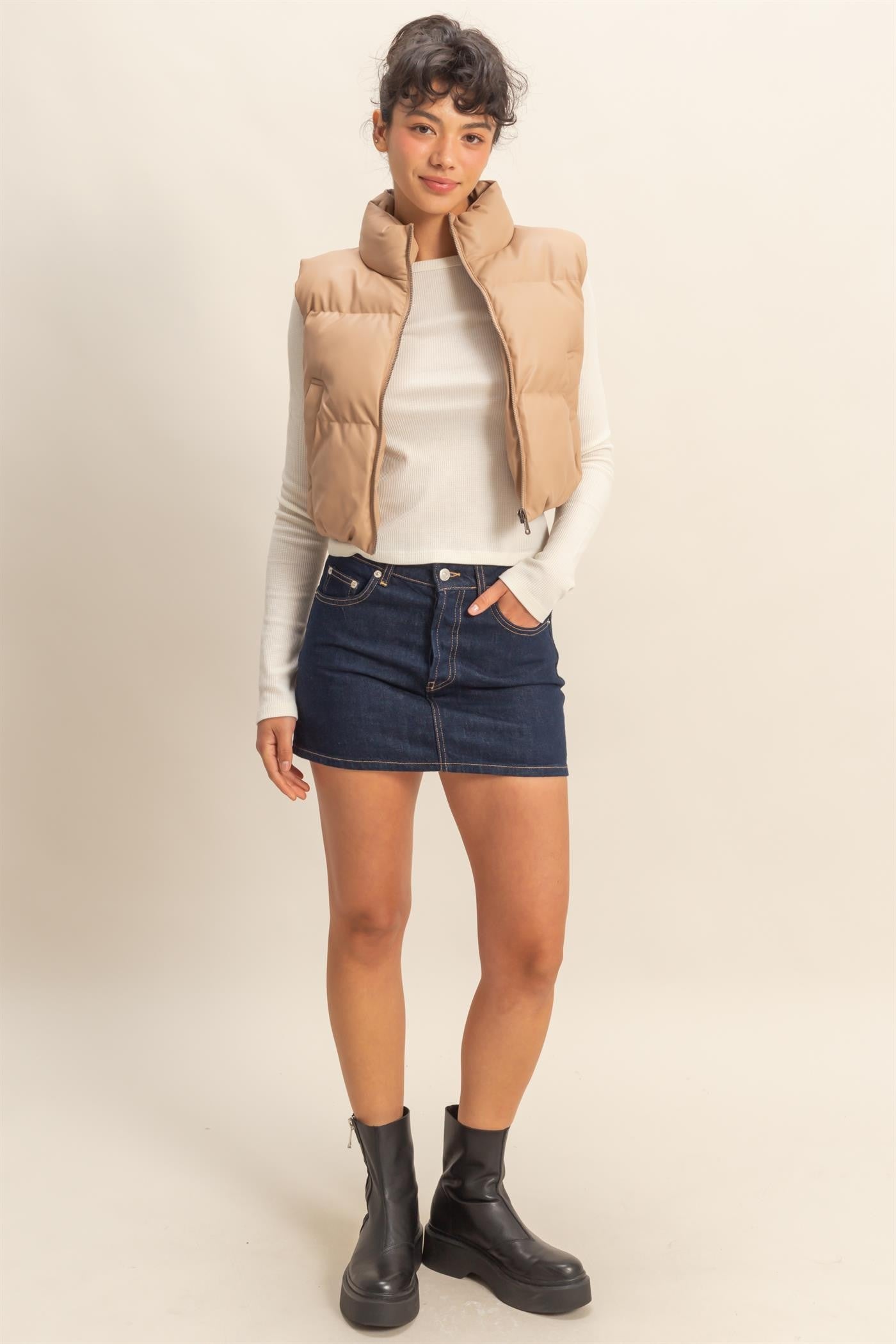  Sofia Cropped Puff Vest, Dark Taupe