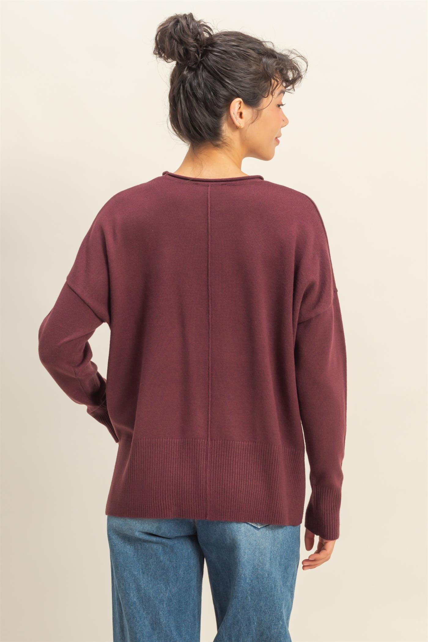 Kenzie Roll Neck Seam Front Sweater, Dark Cherry