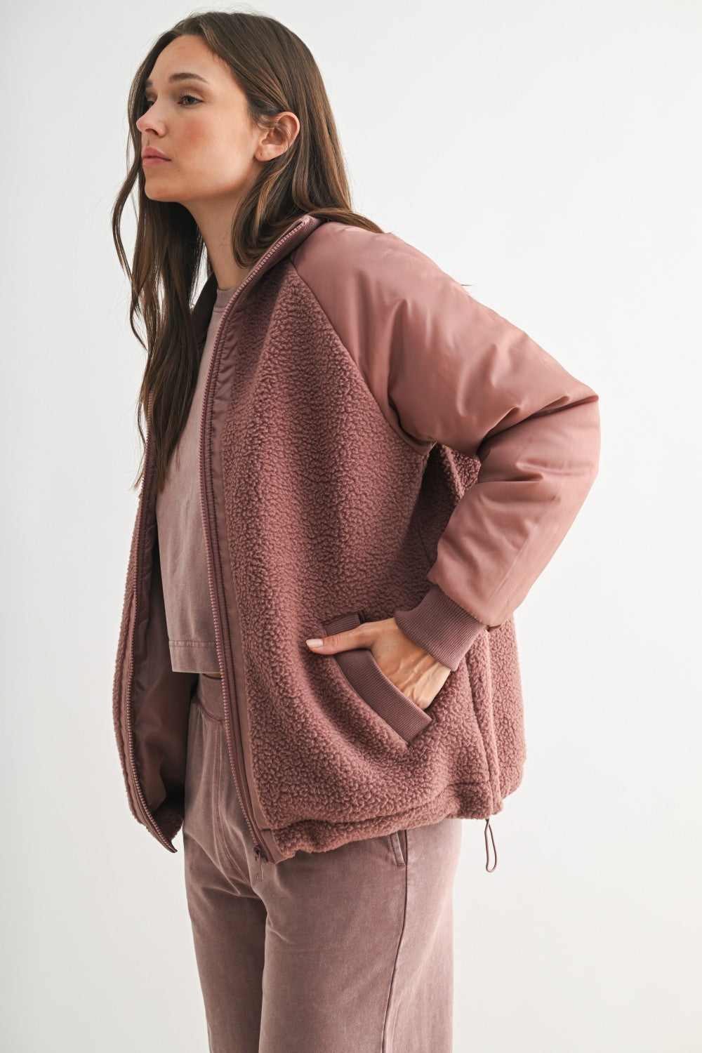  Ruth Fleece Bomber Jacket, Rose Taupe
