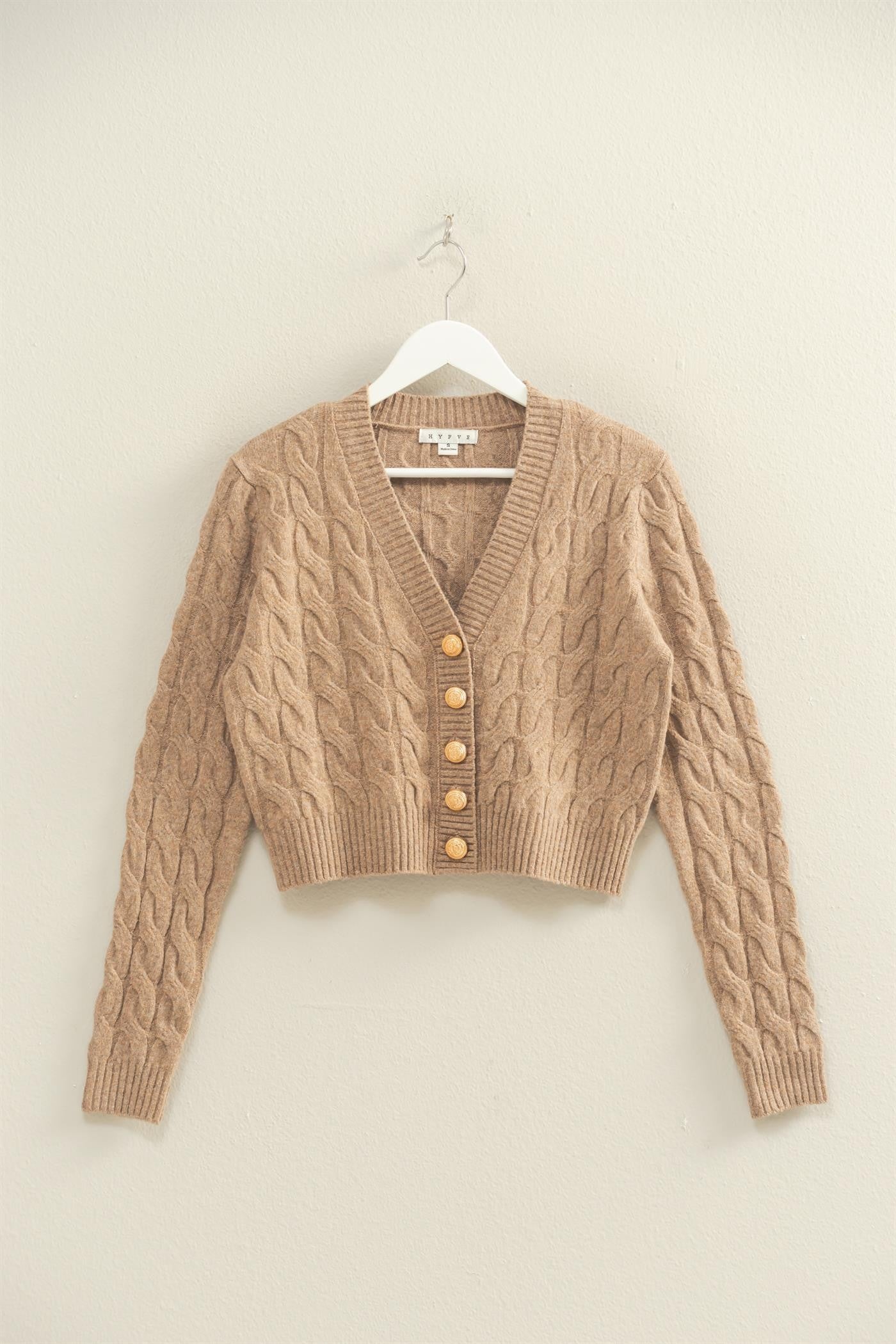  Ellie Gold Button Cable Knit Cardigan, Taupe