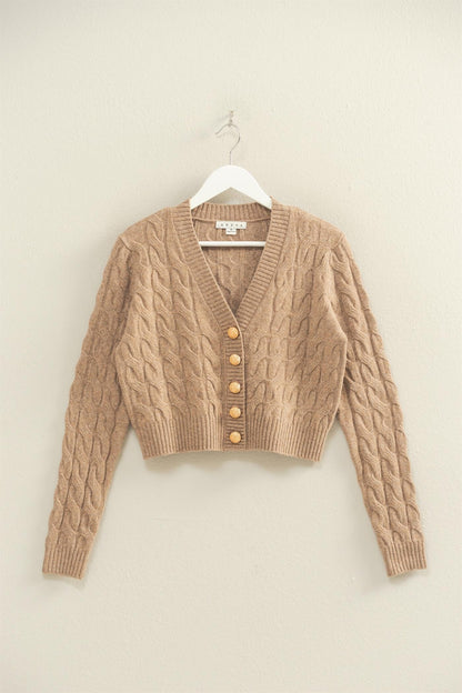  Ellie Gold Button Cable Knit Cardigan, Taupe