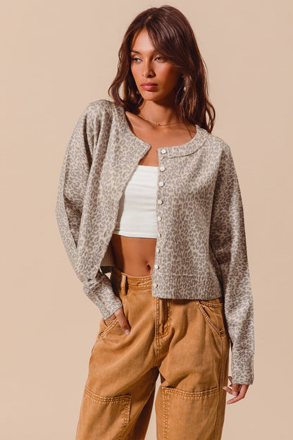  April Leopard Sweater Cardigan, Vintage Oatmeal