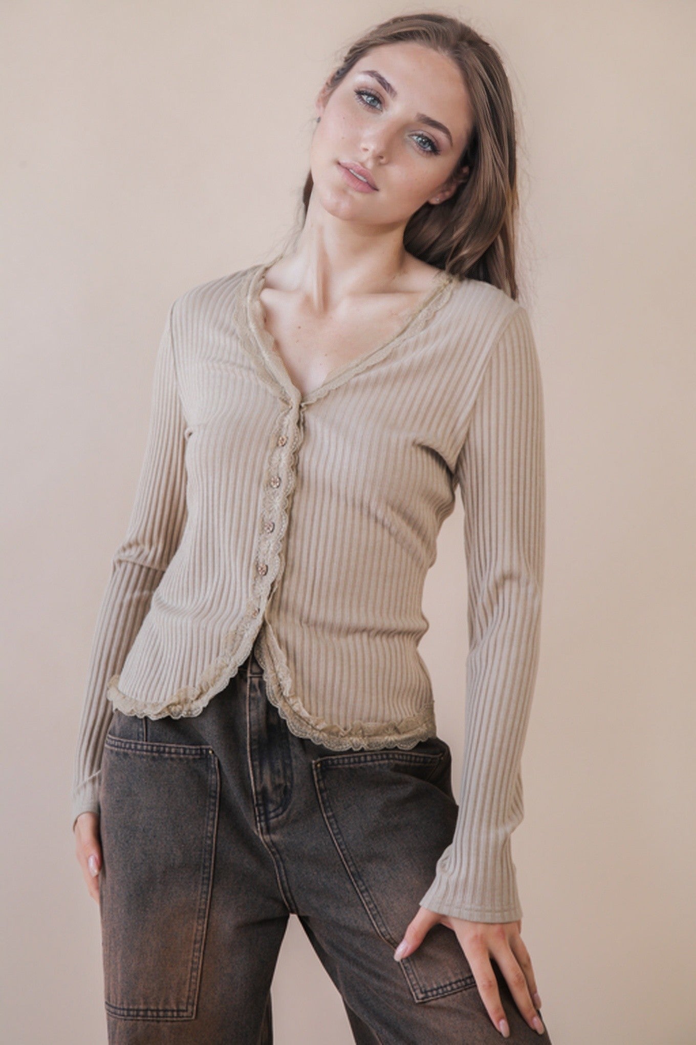  Kendra Lace Trim Knit Top, Taupe