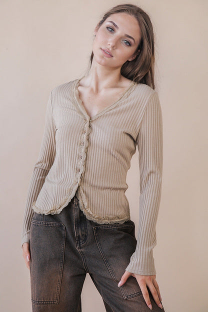  Kendra Lace Trim Knit Top, Taupe