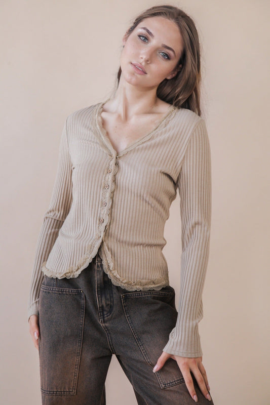  Kendra Lace Trim Knit Top, Taupe
