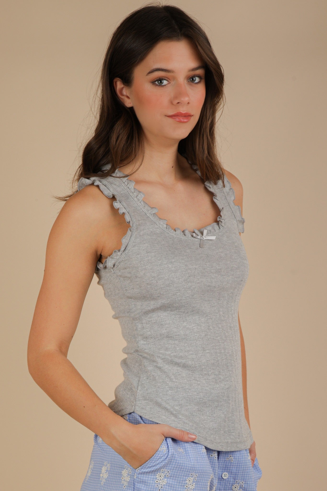  Jazmin Ruffle Trim Scoop Neck Tank, Heather Gray