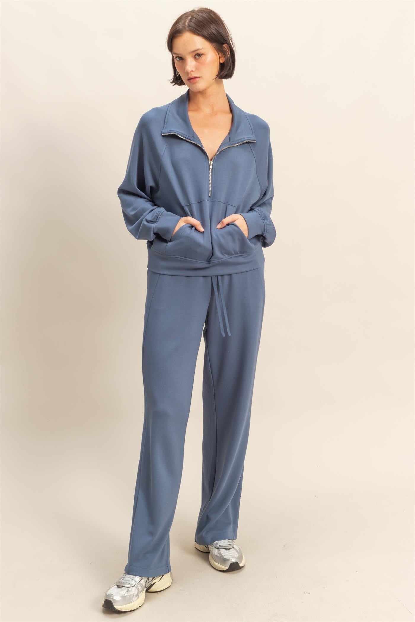  Sloane Wide Leg Knit Pants, Dusty Navy