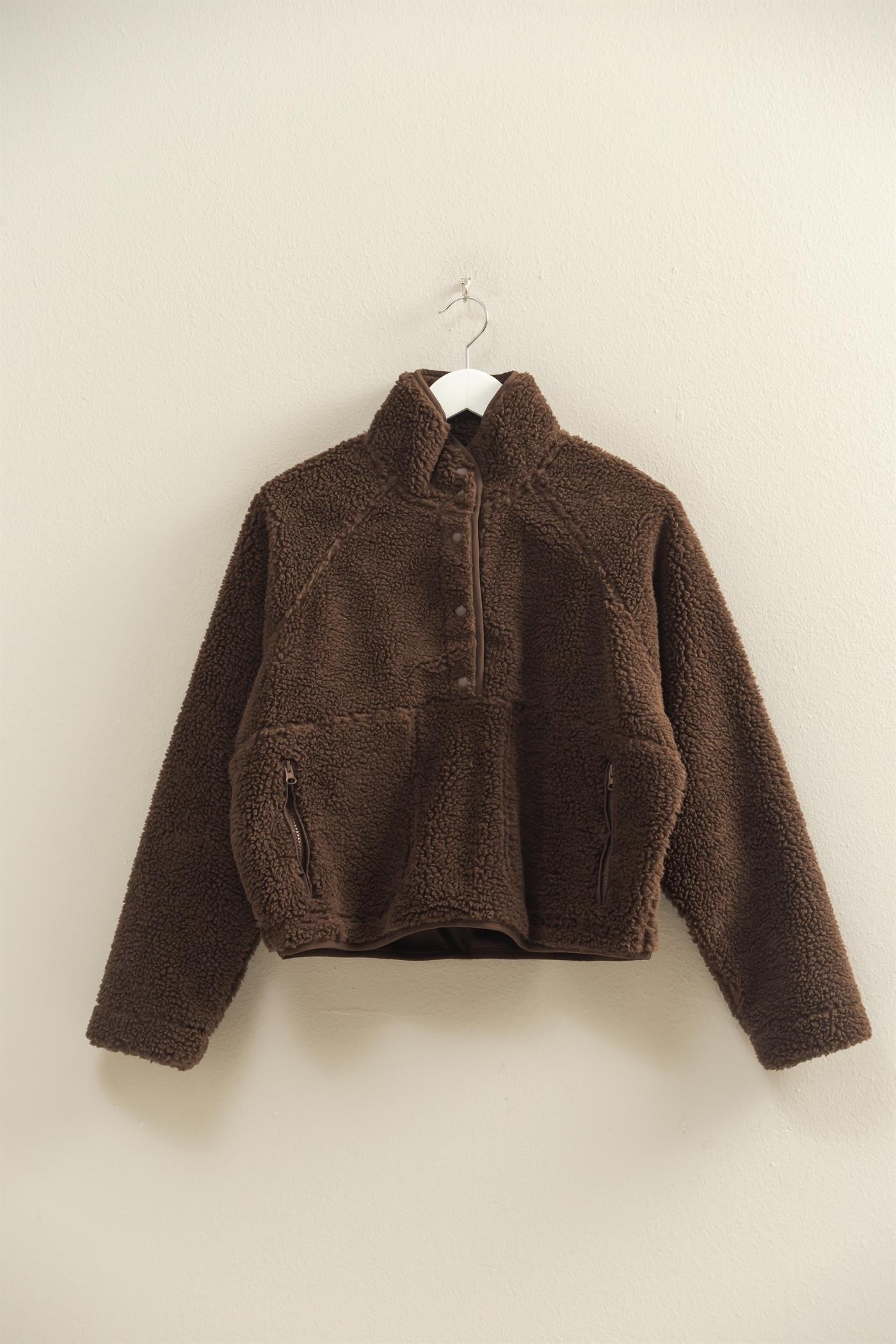  Aria Sherpa Button Neck Jacket, Brown