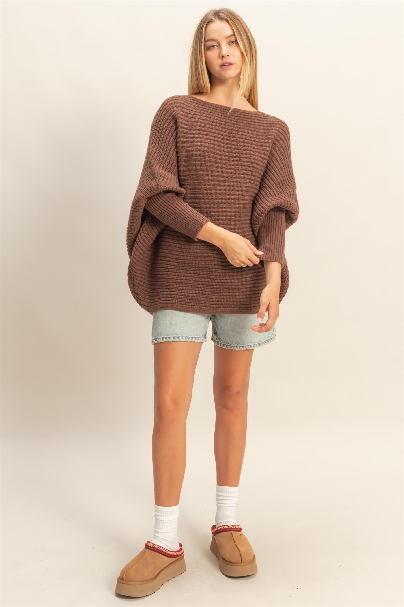  Lily Batwing Boat Neck Sweater, Brown