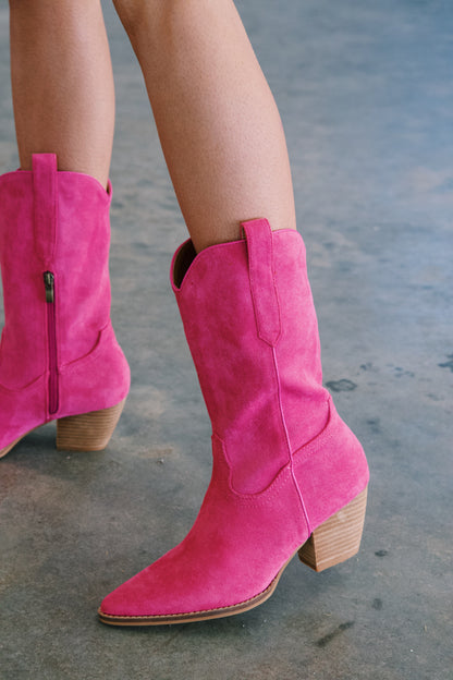  Arisa Mid Calf Faux Suede Boot, Fuschia