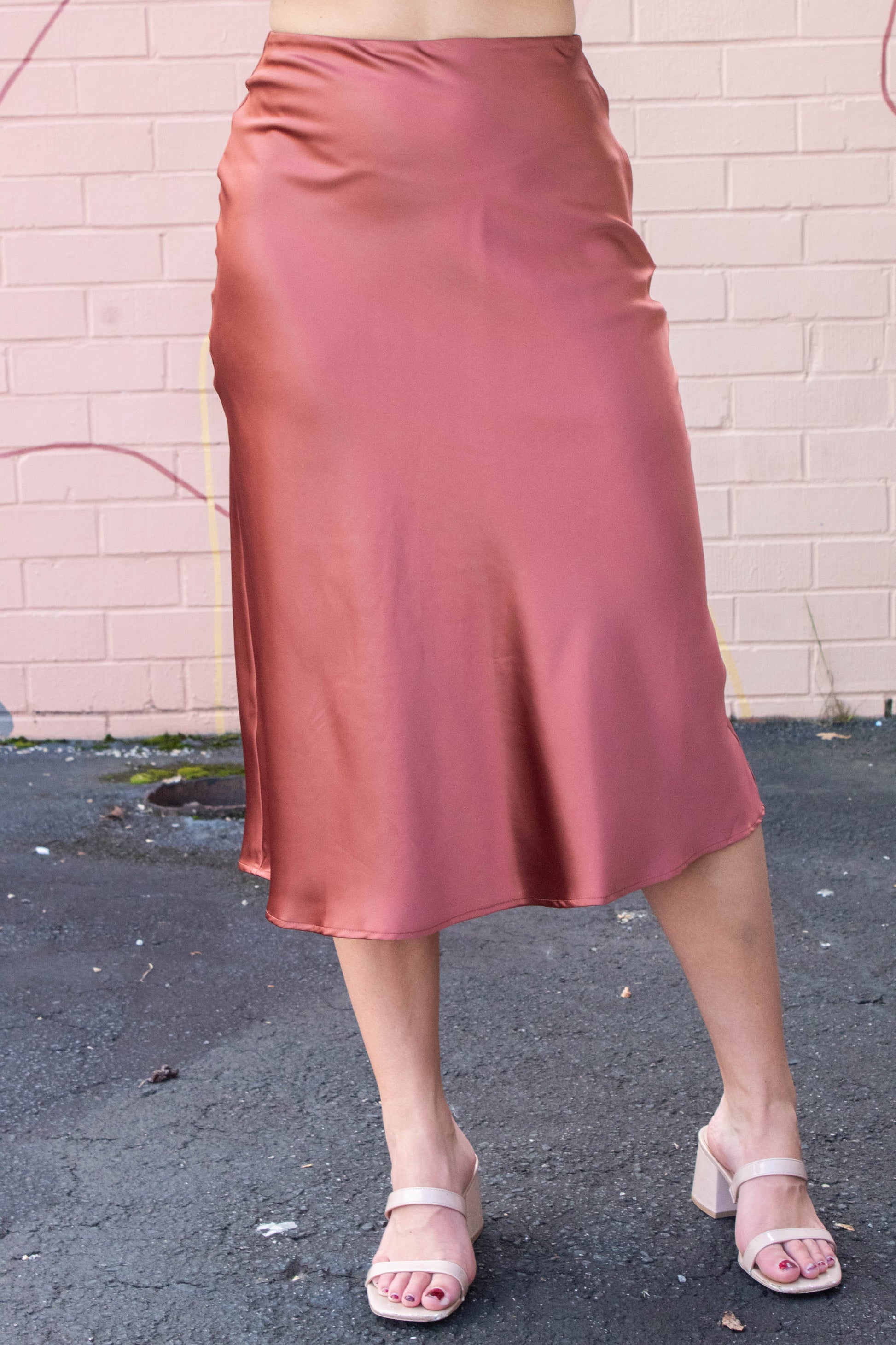  Stevie Satin Bias Midi Skirt, Copper