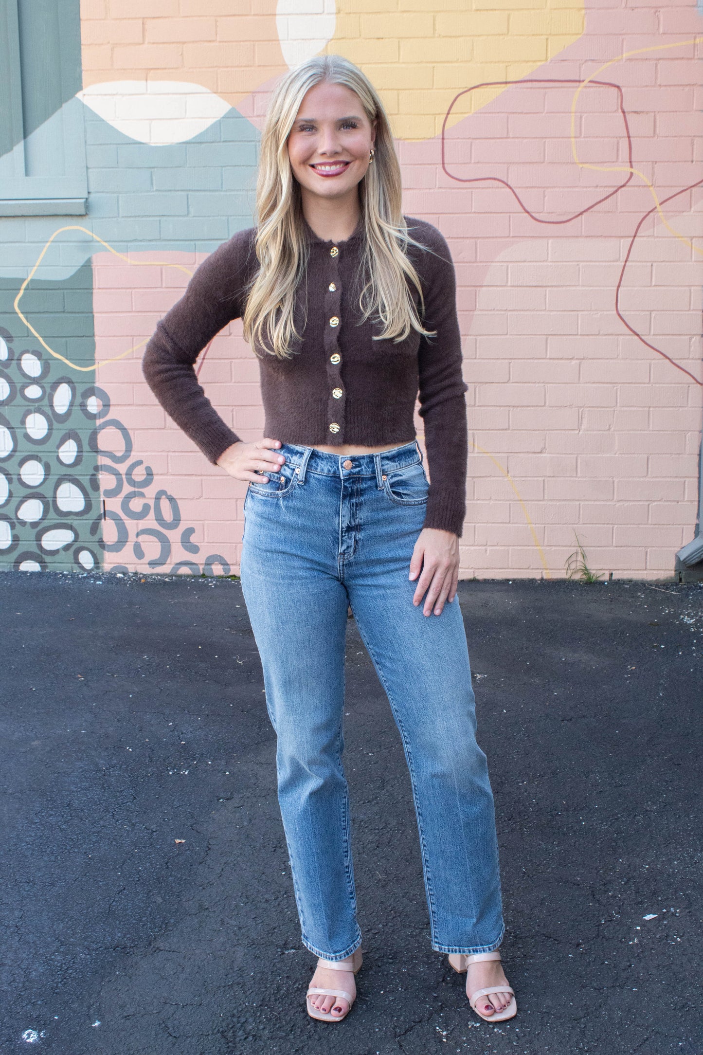  Eva Collared Cropped Cardigan, Brown