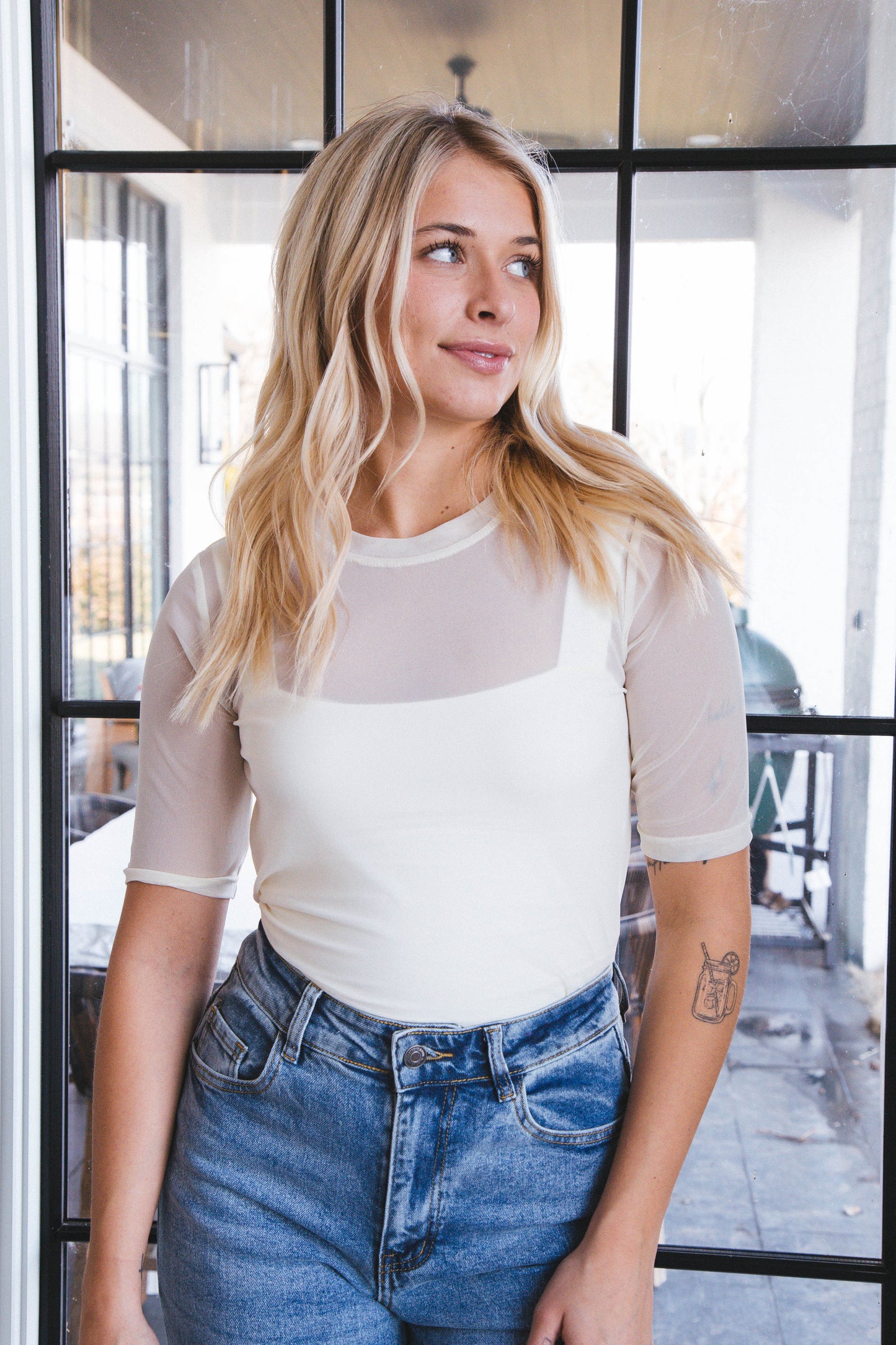  Rowyn Mesh Crew Neck Top, Cream