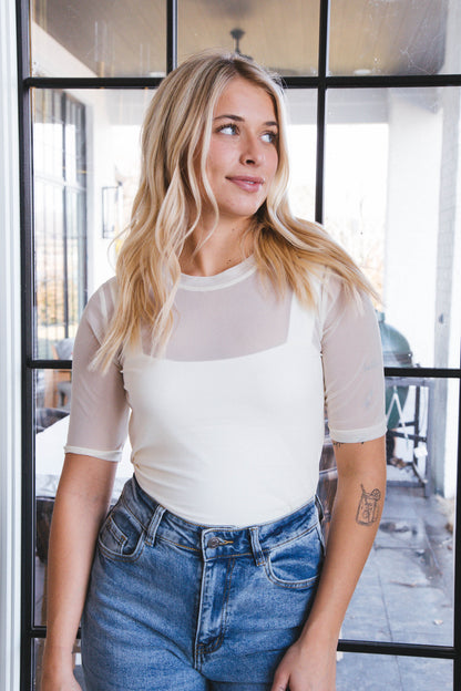  Rowyn Mesh Crew Neck Top, Cream