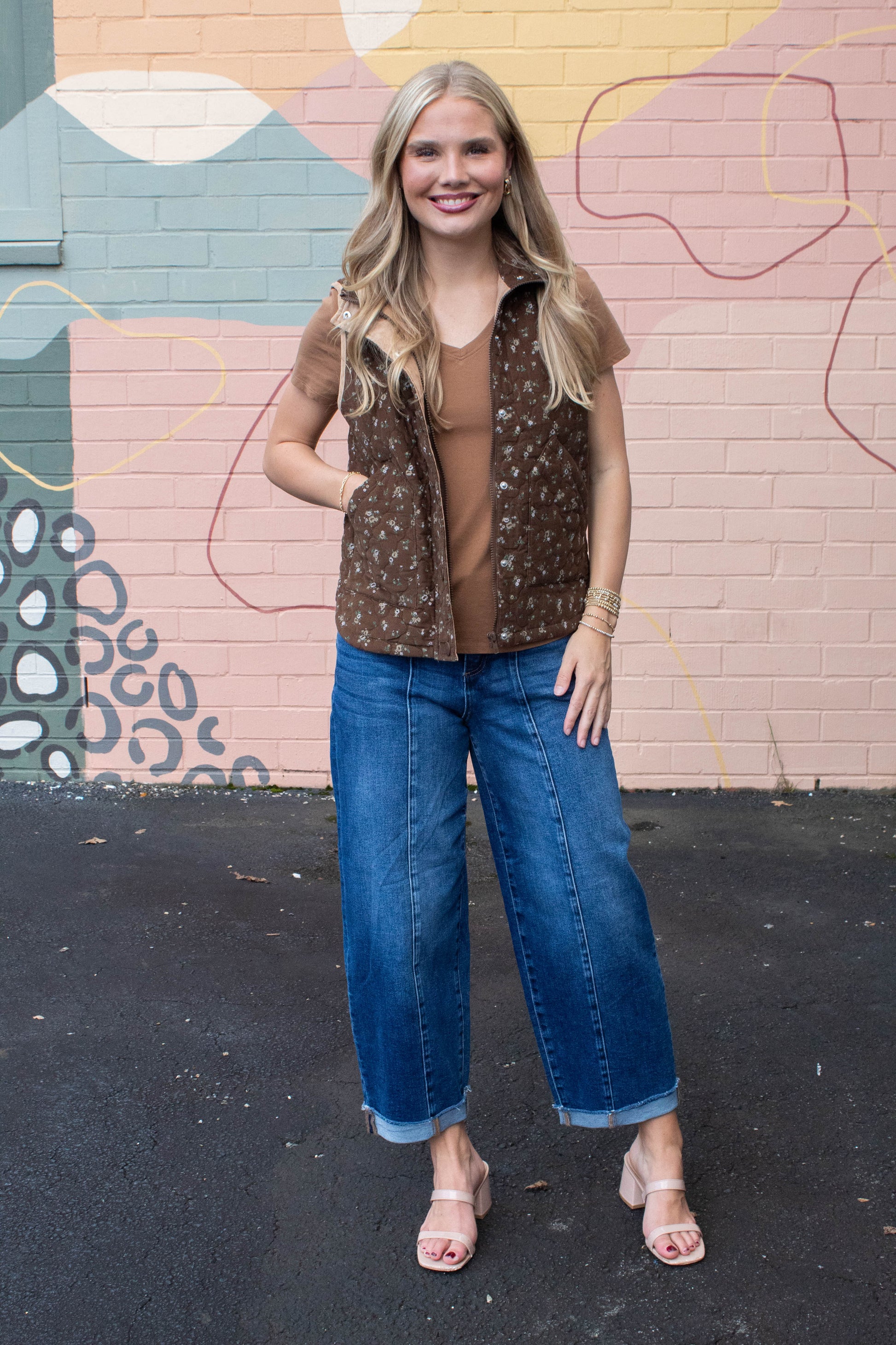  Lia Floral Quilted Puffer Vest, Brown Multi