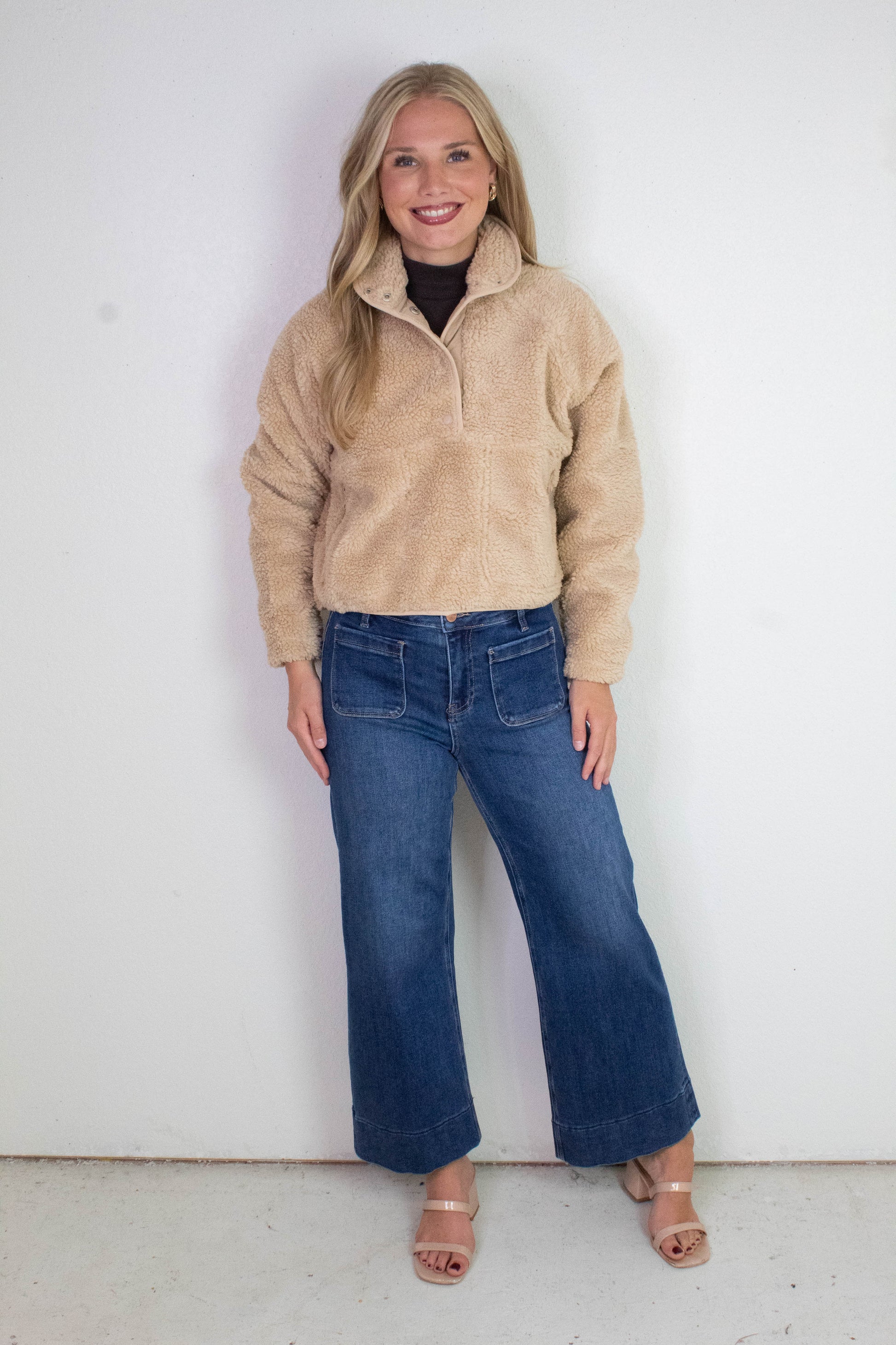  Aria Sherpa Button Neck Jacket, Beige