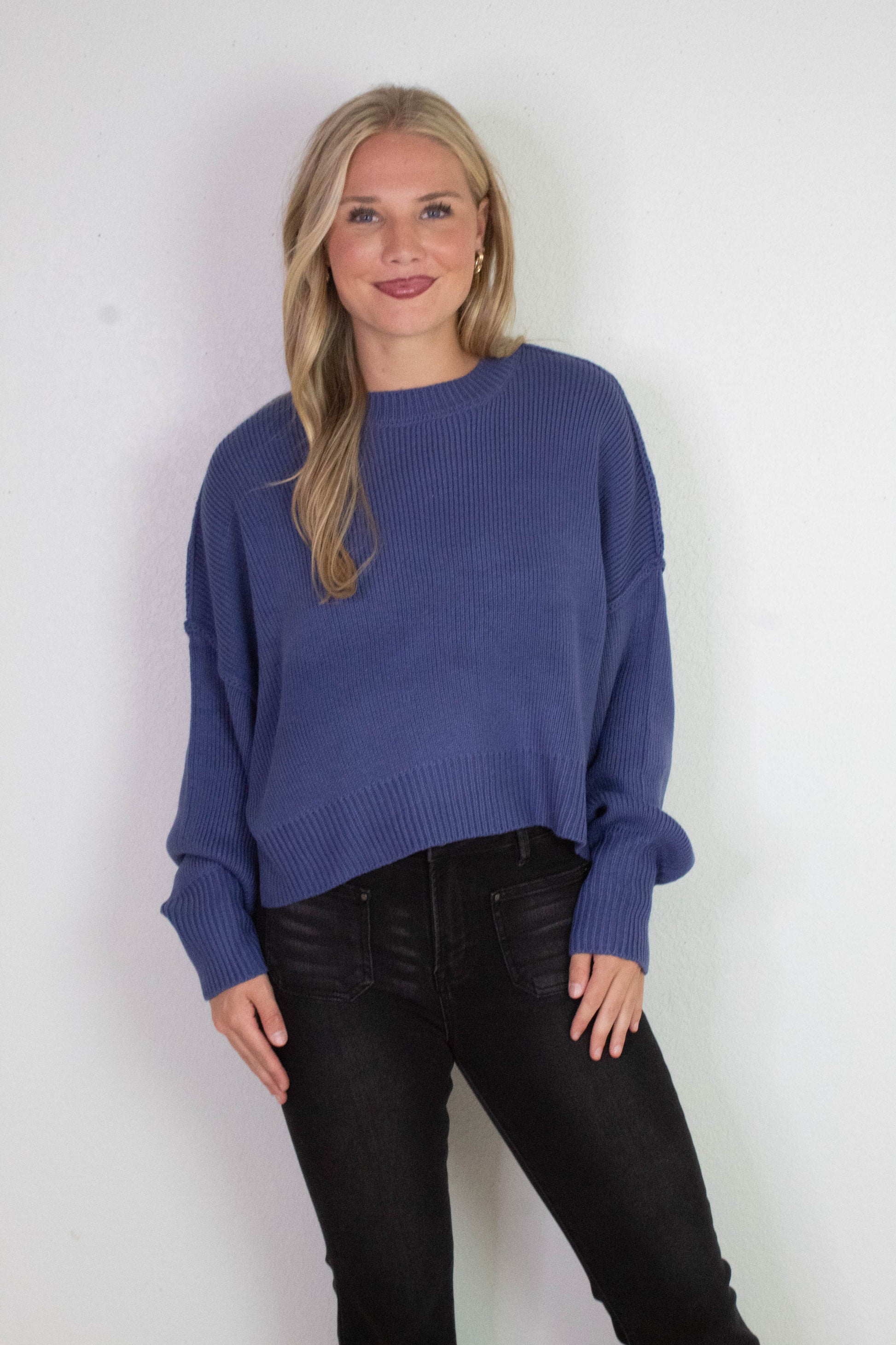  Camila Round Neck Cropped Sweater, Dusty Indigo