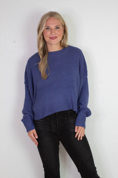  Camila Round Neck Cropped Sweater, Dusty Indigo
