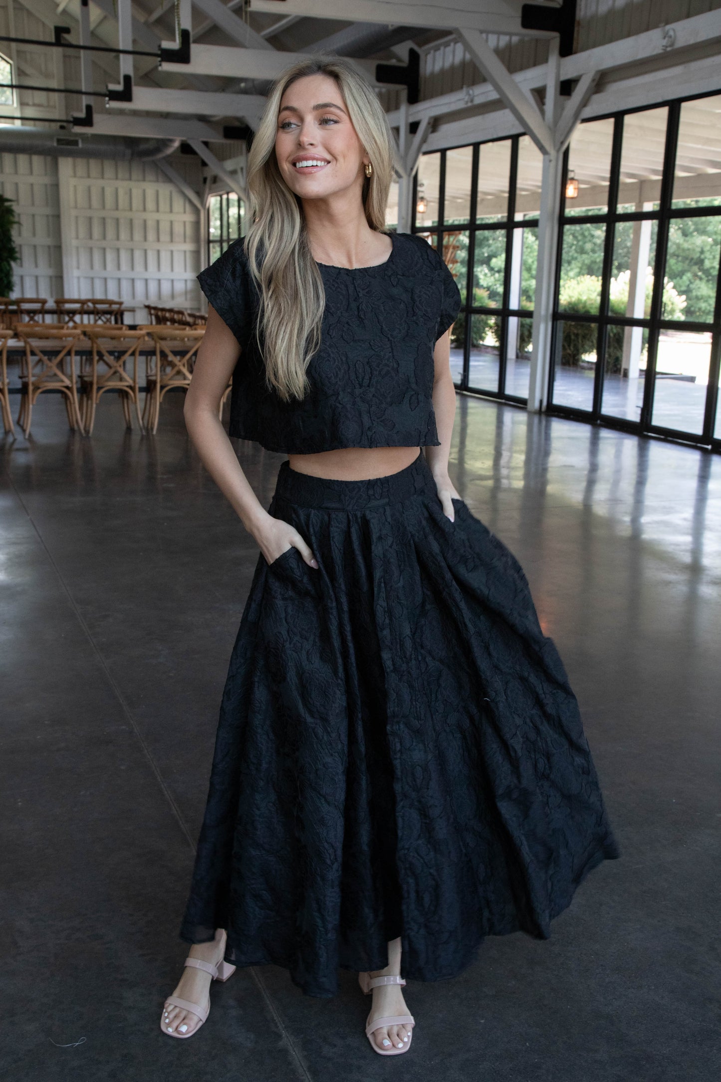  Ryann Cropped Jacquard Top, Black