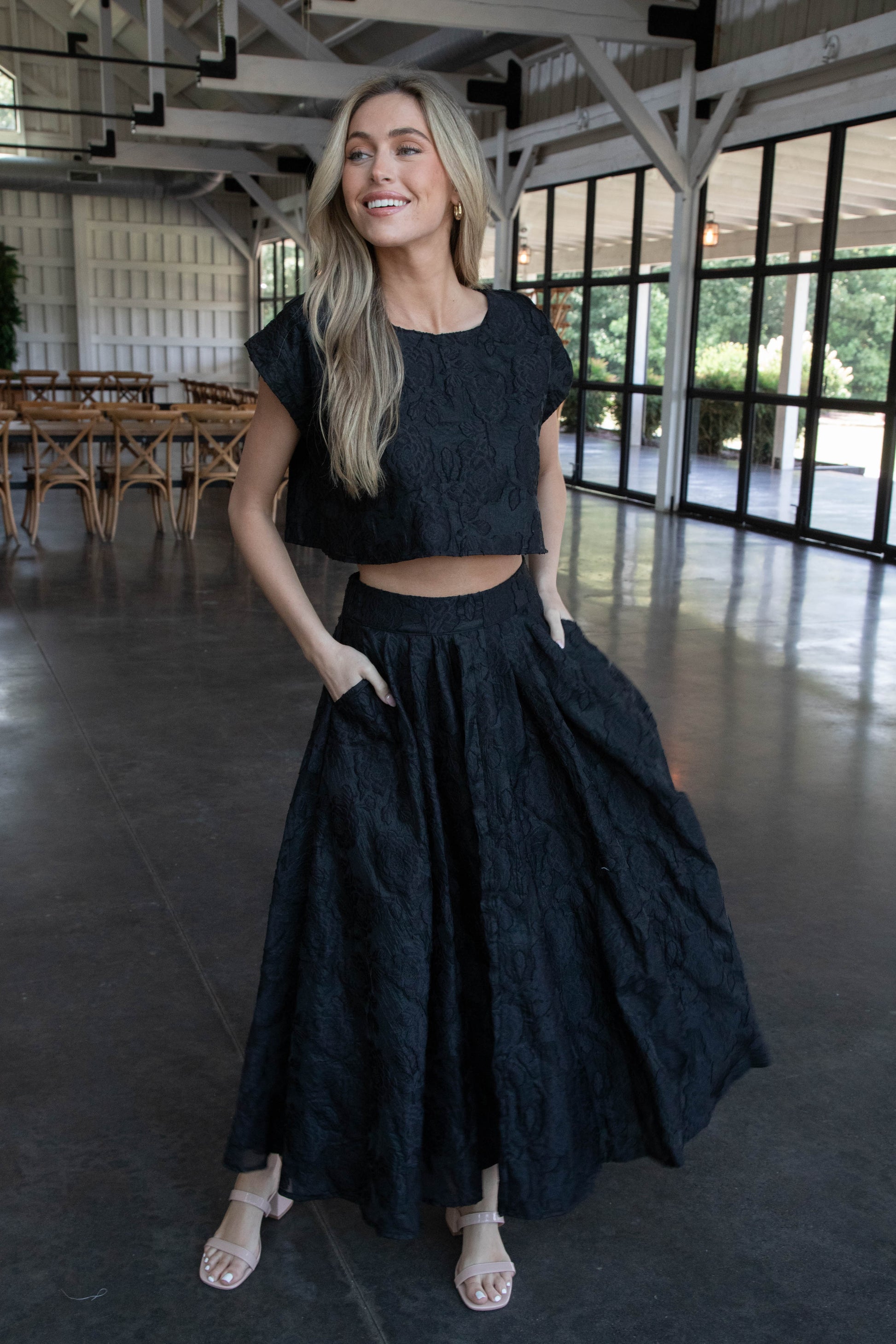  Ryann Cropped Jacquard Top, Black