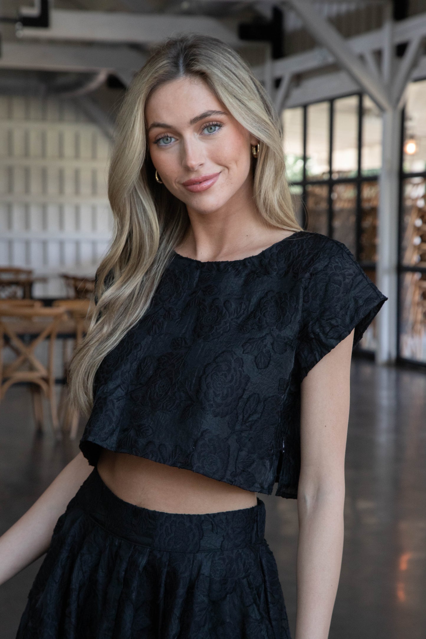  Ryann Cropped Jacquard Top, Black