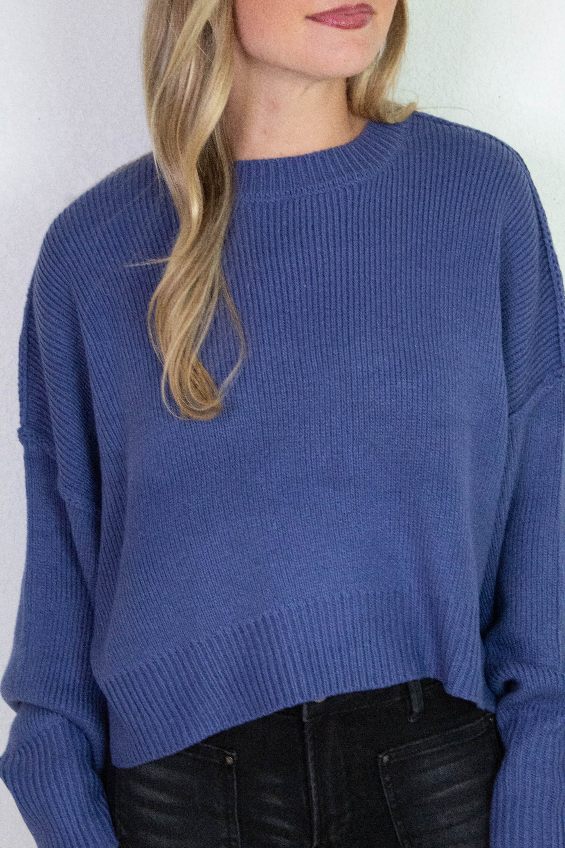  Camila Round Neck Cropped Sweater, Dusty Indigo