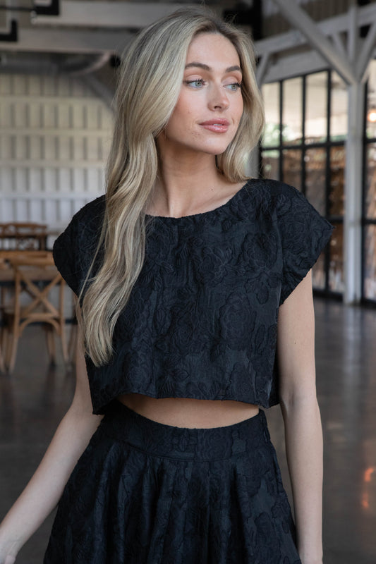  Ryann Cropped Jacquard Top, Black