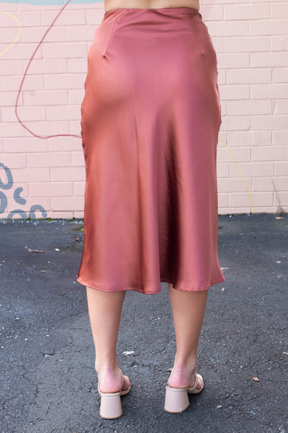  Stevie Satin Bias Midi Skirt, Copper