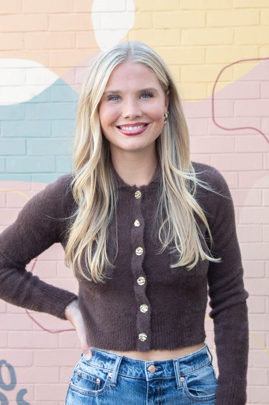  Eva Collared Cropped Cardigan, Brown