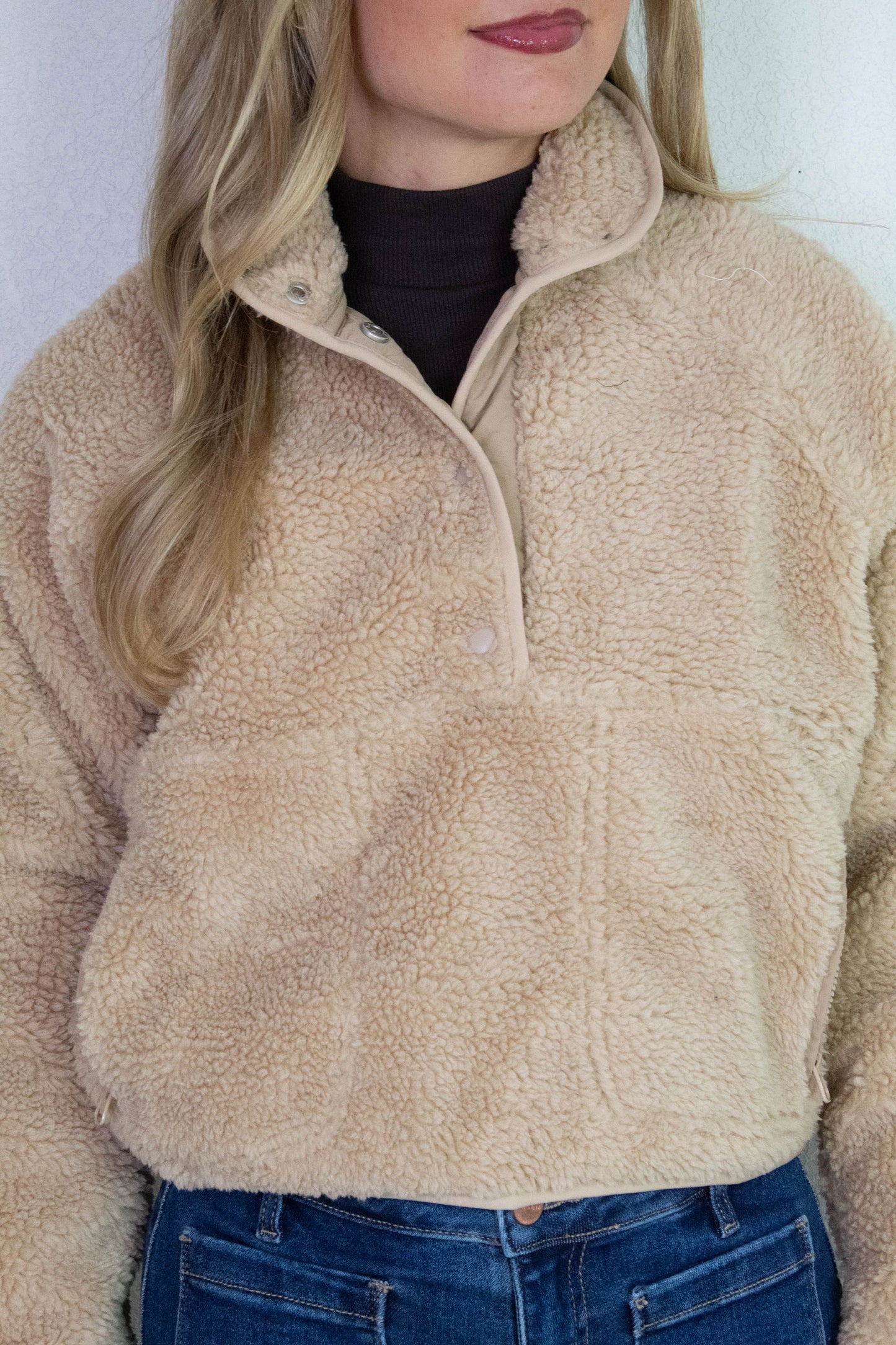  Aria Sherpa Button Neck Jacket, Beige