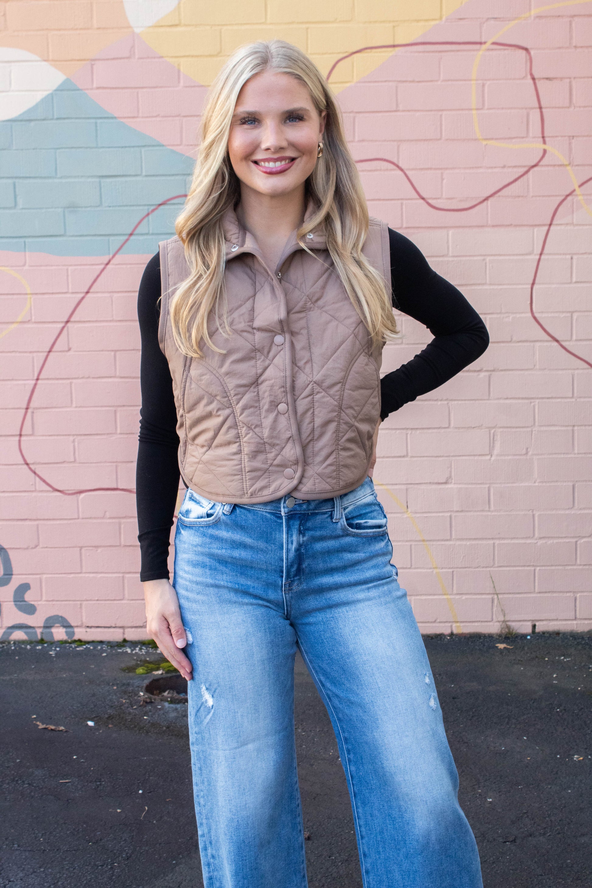  Sara Snap Button Quilted Vest, Mocha