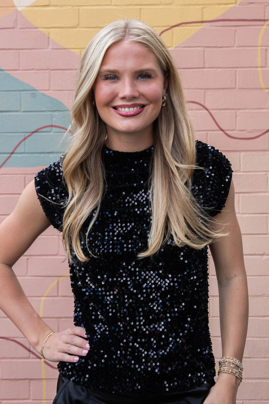  Funnel Neck Sequin Top, Black | Sanctuary