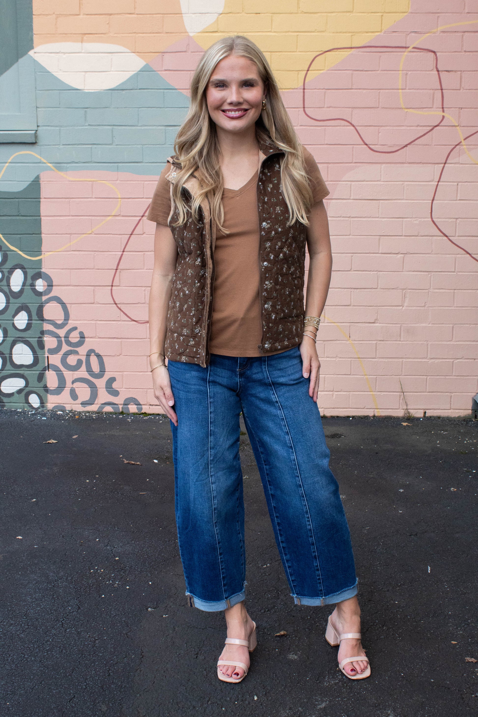  Lia Floral Quilted Puffer Vest, Brown Multi
